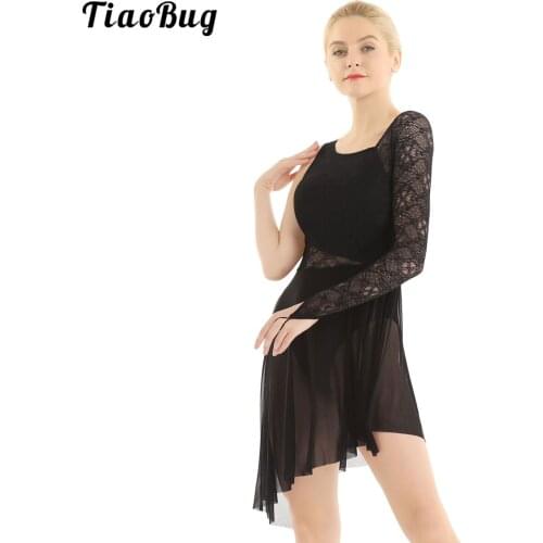 TiaoBug Women Adults Single Long Sleeve With Fingertip Lace Bodice Asymmetric Leotard Dress For Modern Contemporary Ballet Dance
