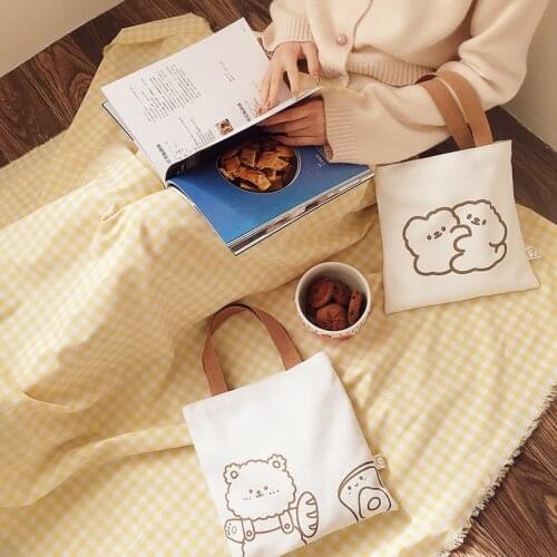Women Mini Canvas Handbag Cute Bear Print Small Simple Tote Cotton Cloth Bags For Shopping Lovely Decoration Purse For Girls