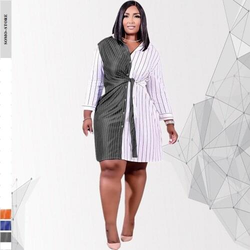 Womens Outfit Long Sleeve Turn Down Collar Bandage Tight Waist Striped Print Plus Size Shirt Dresses 5xl Wholesale Dropshipping