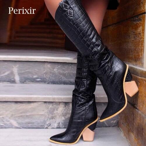 Women Over The Knee Boots Western Cowboy Heeled Booties Stone Pattern Pointed Toe Women Shoes Autumn Winter Casual Long Boots