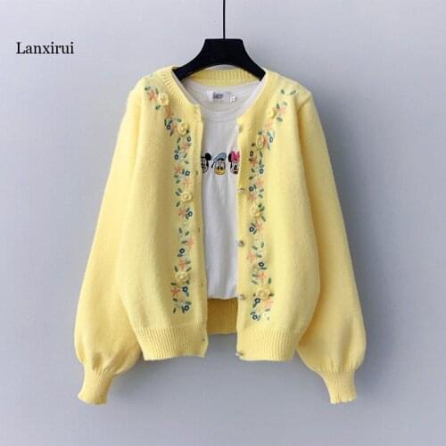 White manual flower embroidery cardigan sweater womens single breasted knitted jacket coat fashion Mori Girl sweater