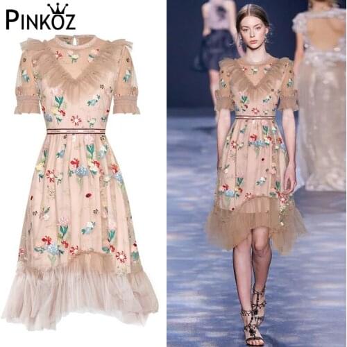 Pinkoz runway designer asymmetrical flower embroideried short sleeve midi dress high waist elegant women lady party dresses robe