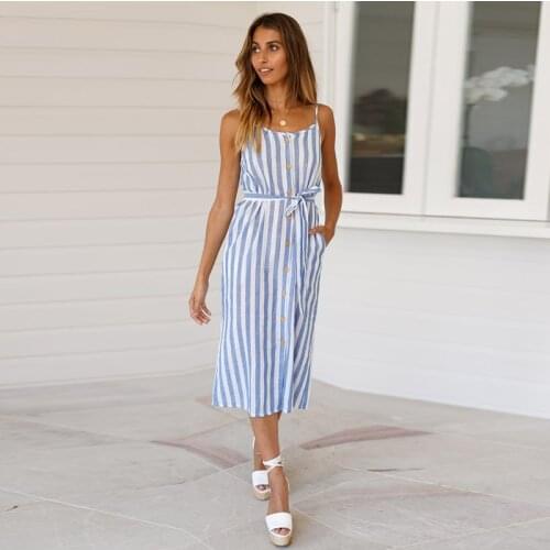 Shyloli Women casual mid sashes dress bule yellow pink o-neck spaghetti strap sleeveless 2021 new summer sxey beach style dress