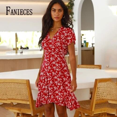 Summer Women Floral Dress Sexy V Neck Short Sleeve Chiffon Dresses Boho Beach Dress Ruffle Red Sundress Casual Vestido