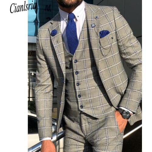 Boutique Fashion Mens Plaid Casual Business Suit High-end Social Formal Suit 3 Pcs Set Groom Wedding