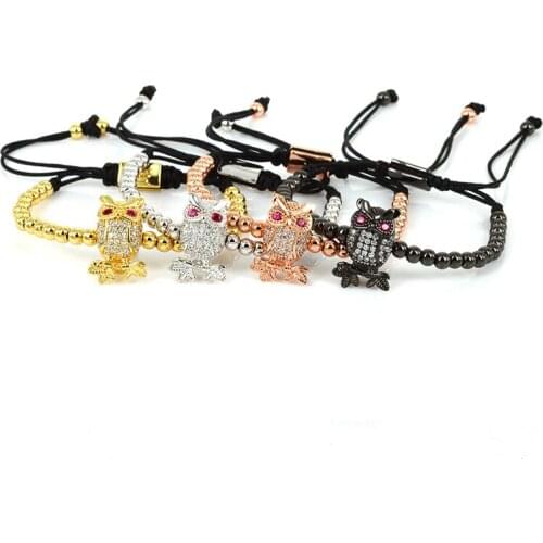 Classic Owl Animal Charms Copper Beads Braided Macrame Adjustbale Strand Bracelet Inlay Zircon Men Accessories