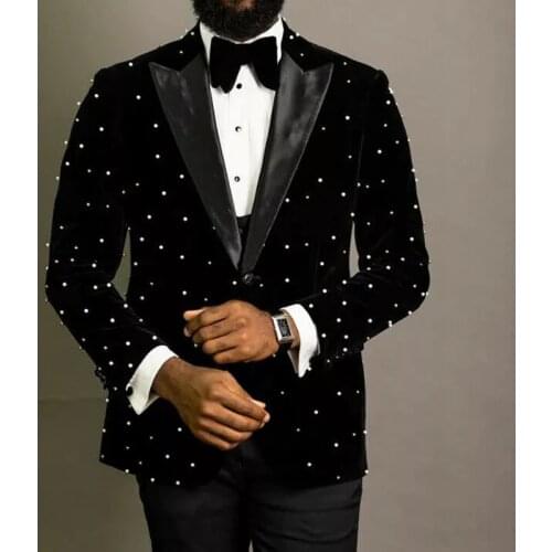 Pearl Beading Men Suits Slim Fit Black Velvet Wedding Tuxedos 2 Piece African Fashion Jacket with Pants Groom Wear 2021