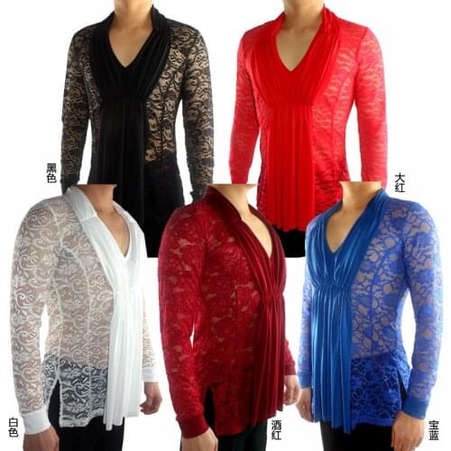 MenS New Latin Dance Tops Sexy Lace V-Neck Practice Clothes Ribbon Shirt Long-Sleeved Professional Ballroom Stage Wear DWY1493