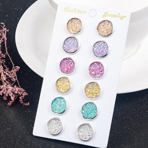 6 Pairs/Set Womens Shiny Resin Ear Stud with Round Bling Druzy Stone For Girls Cute Earrings Set 2020 Trendy Jewelry