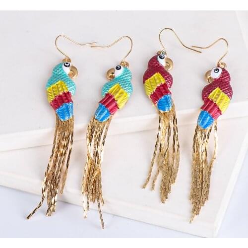 New Arrival Metal Gold Plated Bird Shape Tassel Long Earrings Animal Enamel Colorful Hook Drop Earrings for Women