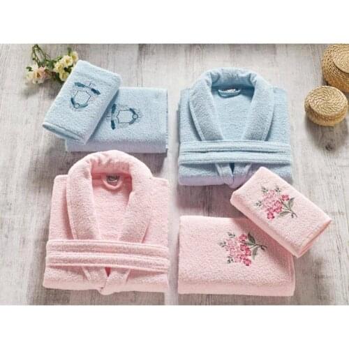 NEW SEASON - 100% Cotton Soft Textured Family Bathrobe Set 6-Piece Embroidered Bathrobe Set (Pink and Blue)