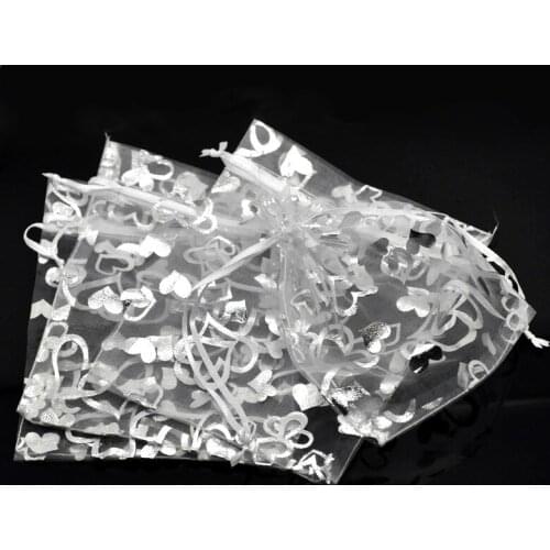 Organza Organza Jewelry Bags Drawable Rectangle White Heart Pattern 16cm x13cm(6 2/8" x5 1/8"),3 PCs