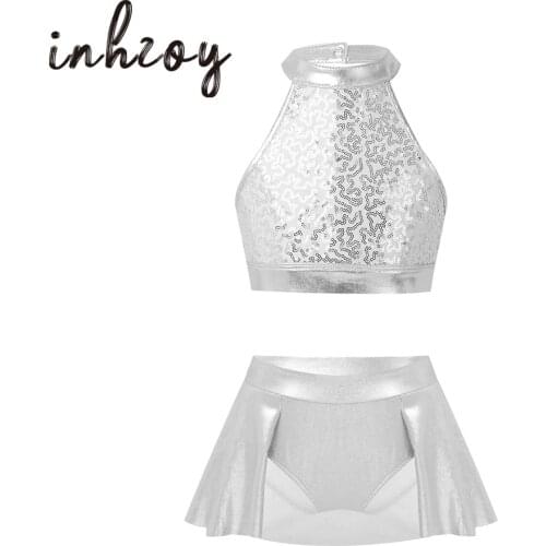 Sequins Kids Girls Ballet Dancewear Gymnastics Outfit Sleeveless Halter Crop Tops With Skirt Set Stage Lyrical Dance Costumes