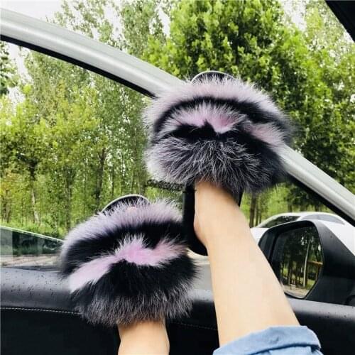 Summer Female Fashion Cute Plush Slides Womens Colorful Fox Fur Slippers House Fluffy Sandals Furry Flat Shoes Beach Flip Flops