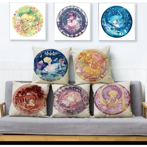 Cute Cartoon Classic Fairy Tale Print Cushion Cover 45*45 Beige Linen Cushions Covers Pillowcase Home Decor Pillows Cases