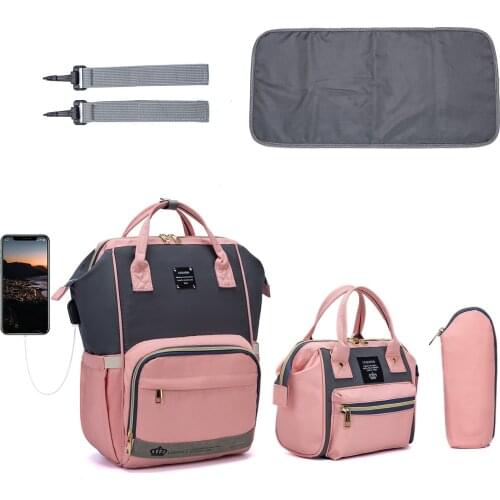 Diaper Bag Backpack Handbag Mom Travel Nappy Bags Large Capacity Maternity Bag USB Charge Port Stroller Strap three-piece suit