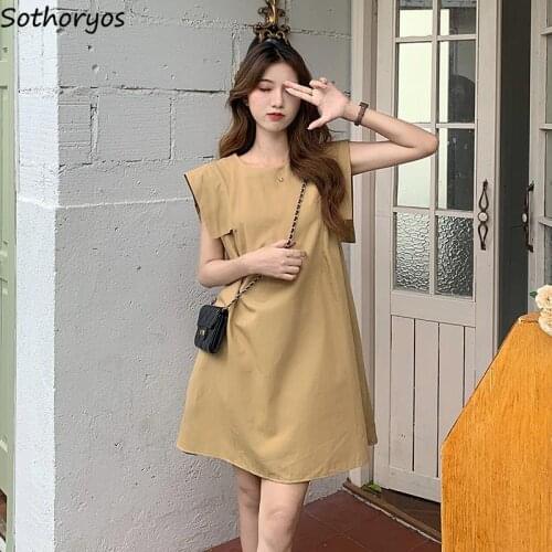 Women Sleeveless Dresses Solid Above Knee Fashionable Sweet Simple Streetwear Korean Style Teens Retro A-line Casual Lovely Chic