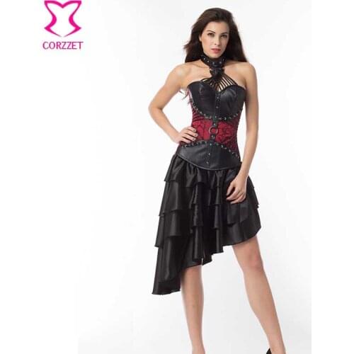 Corzzet Vintage Red Leather Steel Boned Halter Overbust Armor Corset Dress Slimming Plus Size Gothic Steampunk Victorian Sets