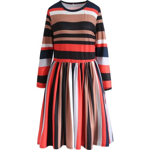 A-line Women Stripe Print Knee Long Sleeve Dress Crew Neck Spring Autumn Pleated Dresses Female High Waist Casual Dresses