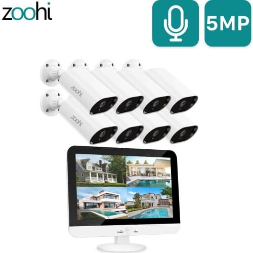 Zoohi 5MP AHD Video Surveillance System Audio CCTV Camera System 1920P Outdoor Security Camera 13 Inch Monitor DVR Kit