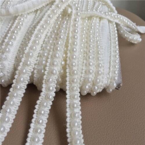 1Yard White Pearl Beaded Lace Trimmings Ribbons For Dress Clothing Doll Toy DIY Sewing Embroidered Border 1.2cm Wide