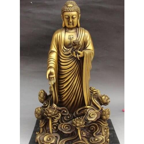 15" Old Chinese Pure Bronze Buddhism Stand Shakyamuni Sakyamuni Buddha Statue