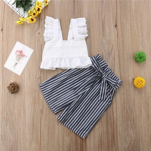 Toddler Kids Children Baby Girls Clothes Set Lace Party Summer Sleeveeless Crop Tops Striped Pants Girl Clothing Outfit 2PCs