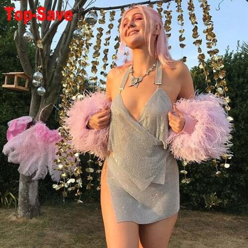 Sparkly Fashion Night Club Low-Cut Halter Chain Party Two Piece Set Women Skirt Deep V-Neck Crystal Diamond Top Birthday Outfits