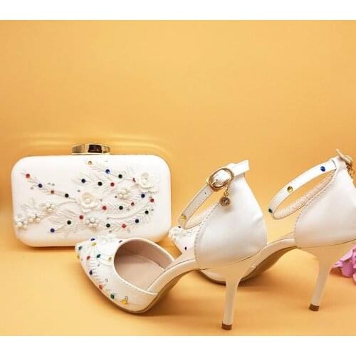 White Womens Sandals Wedges Pumps Bride Wedding shoes Pointed Toe Party Dress Shoes And Bag Lace Flower Ankle strap High Heel