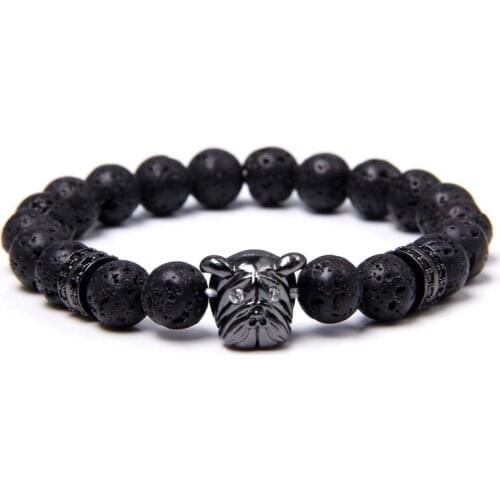 Metal Micro CZ beads Shar Pei Dog charm bracelet Natural Black lava stone beads bracelets for Men brave lucky jewelry gifts