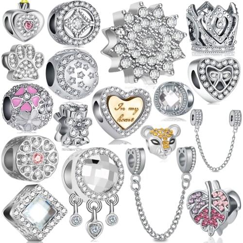 Silver Color Crystal Flowers Hearts Bear Paw Beads Charms fit Pandora Charms Bracelets & Bangles for Women DIY Monkey Pendants