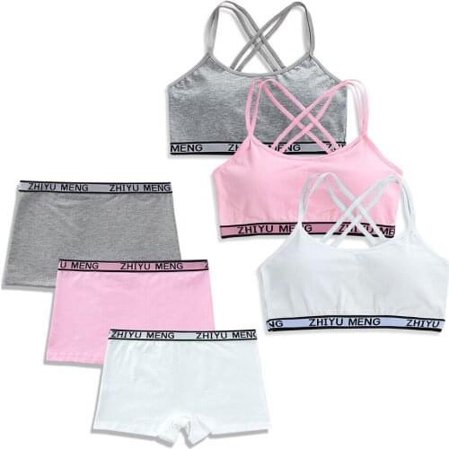Kids Cotton Bra Set Teens Training Bras Girls Underwear Set Teenagers Puberty Wireless Bra+Underpants 8-14Years