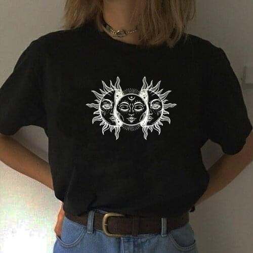 Solar Eclipse Sun And Moon T-Shirt Women Black T Shirt Vintage Style Aesthetic Grunge Tees Gothic Hipsters Clothing