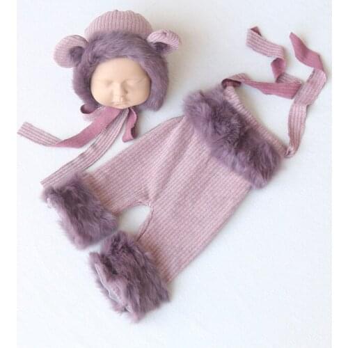 Teddy Bear Romper Bonnet Set Photography Shoot Vintage Knitted Baby Girl Outfit Clothes Set Fuzzy Newborn Footed Overall Hat