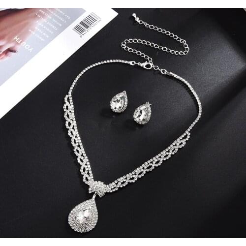 MIQIAO White Gold Plated Luxury Crystal Vintage Boho Pendant Collar Chain Necklace Stud Piercing Earrings Jewelry Set for Women