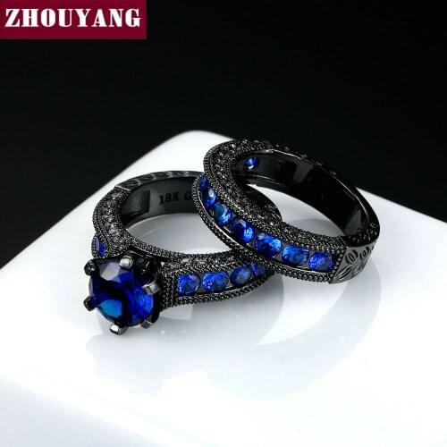 Cocktail Party Blue Cubic Zirconia BlackGold Color Fashion Jewelry Ring Sets For Man Woman DD031