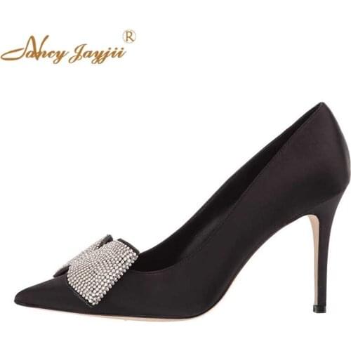 Black Stilettos Shoes With Rhinestones Crystal Butterfly Knot High Heels Pumps Pointed Toe Elegant Women Shoes Women Shoes 2019