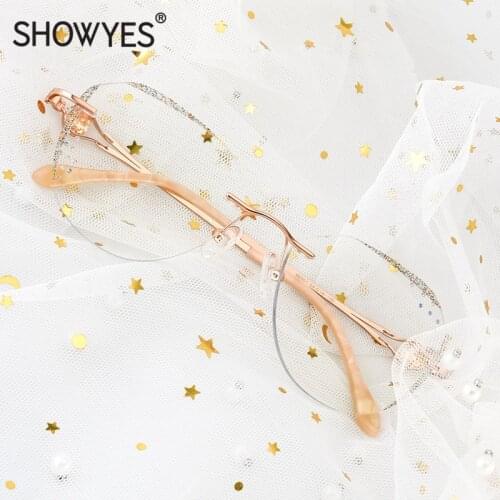 Oversized Rimless Glasses Women Inlay Gold Powder Myopia Eyeglasses Prescription Anti Blue with Rhinestone Eye Glasses 857