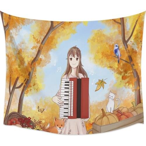 Autumn Anime Girl Fox Cat Tapestry Wall Hanging Home Wall Decor Bedroom Tapestry Yoga Mat Picnic Mat