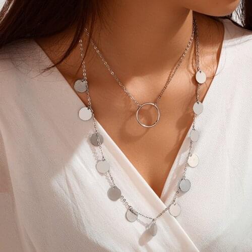 Simple Silver Color Alloy Round Tassel Necklaces for Women Circle Pendant Necklace Female Clavicle Chain 2020 Fashion Jewelry