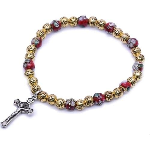 QIGO Antique Cloisonne Cross Beaded Bracelet Religious Metal Jewelry