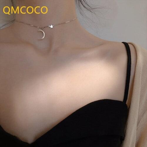 QMCOCO 925 Silver Chain Moon-Shape Necklace For Women New Trendy Simple Moon Pendant Clavicle Chain Birthday Party Gifts
