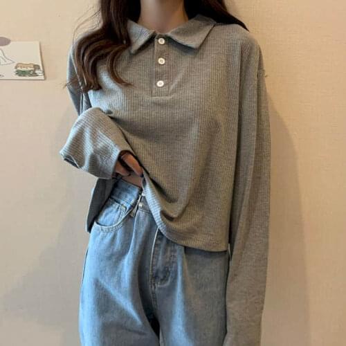 Womens Loose Bottoming Shirt Top Autumn Clothing 2021 New Korean Version Gray POLO Shirt Long-sleeved Female Ins Trend Sweater