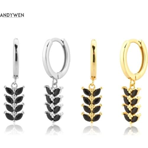 ANDYWEN 925 Sterling Silver Black Zircon Leafs Piercing Drop Earring Luxury Women Fine Jewelry Circle Luxury Wedding Gift For