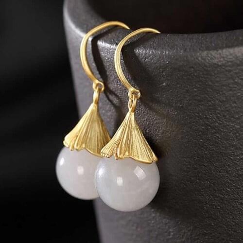 Natural Round White Jadeite Beads Earrings S925 Silver Dangle Earrings Stamp S925