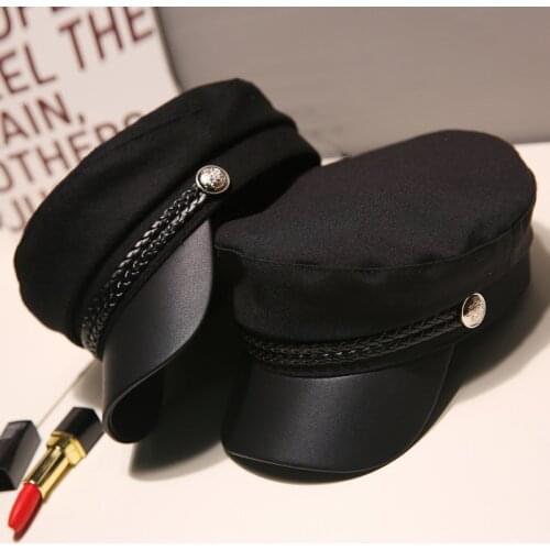 Fashion Unisex PU Leather Military Hat Autumn Sailor Hats for Women Men Black Grey Flat Top Female Travel Cadet Hat Captain Cap