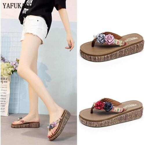 Plus Size 34-42 Anti-Slip Clip-Toe Women Slippers Thick Sole Wedge Straw Weave Flip Flops Beach Vacation Casual Flowers Slides