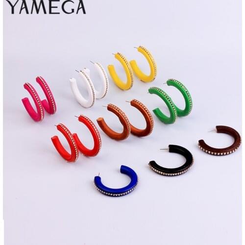 Mordern Semicircle Hoop Earrings Ethnic Trendy Wooden Hoops Earrings Green Unique Dangle Colorful Rhinestone Earrings For Women