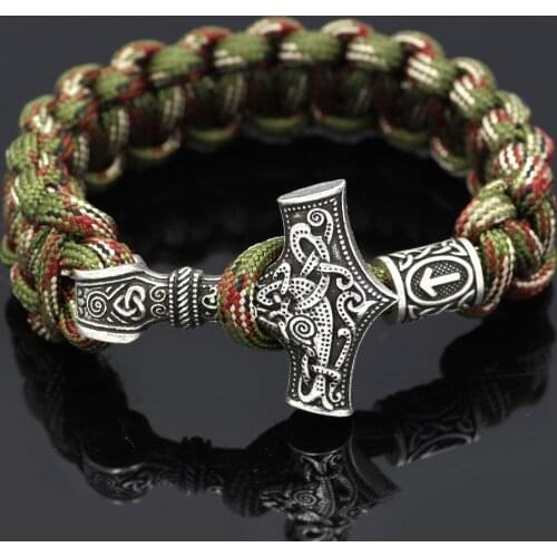 Viking Camouflage Military Thor Hammer Mjolnir Paracord Rune Knot Amulet Scandinavian Bracelet with Beads Gift Bag 24-26 Cm