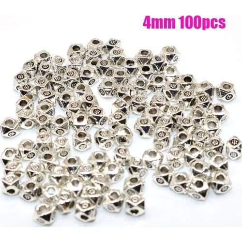 4MM 100pcs rhombus end Beads Vintage Silver plated Spacer Beads Needlework Jewelry Making loose beads accessories